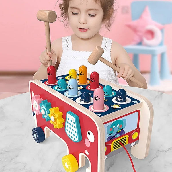 Tekerlekli çekmeli ahşap oyuncak, Ahşap çekiçli vurmalı oyuncak, Montessori vurmalı ahşap oyun seti, Ahşap eğitici aktivite kutusu
